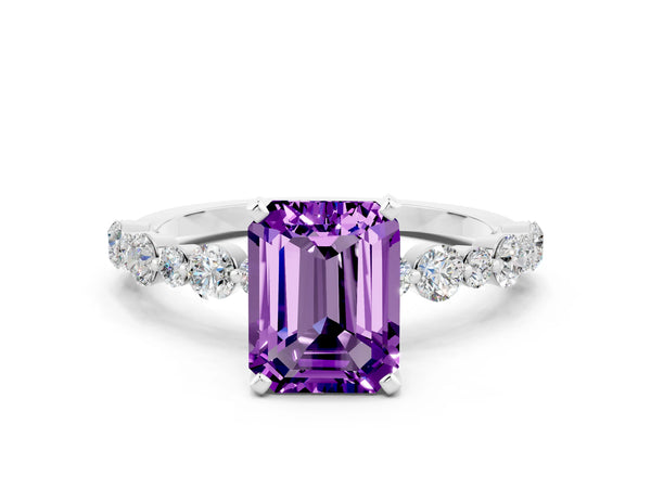 Platinum Emerald Cut Amethyst Prong Set Engagement Ring with Pavé Band