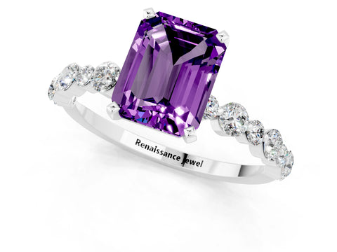 White gold Emerald Cut Amethyst Prong Set Engagement Ring with Pavé Band_1