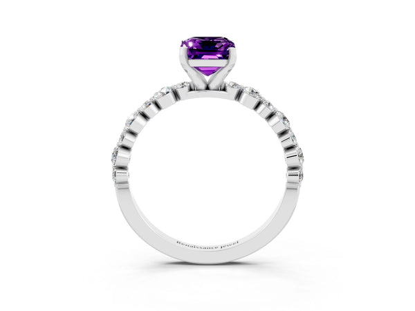 Platinum Emerald Cut Amethyst Prong Set Engagement Ring with Pavé Band