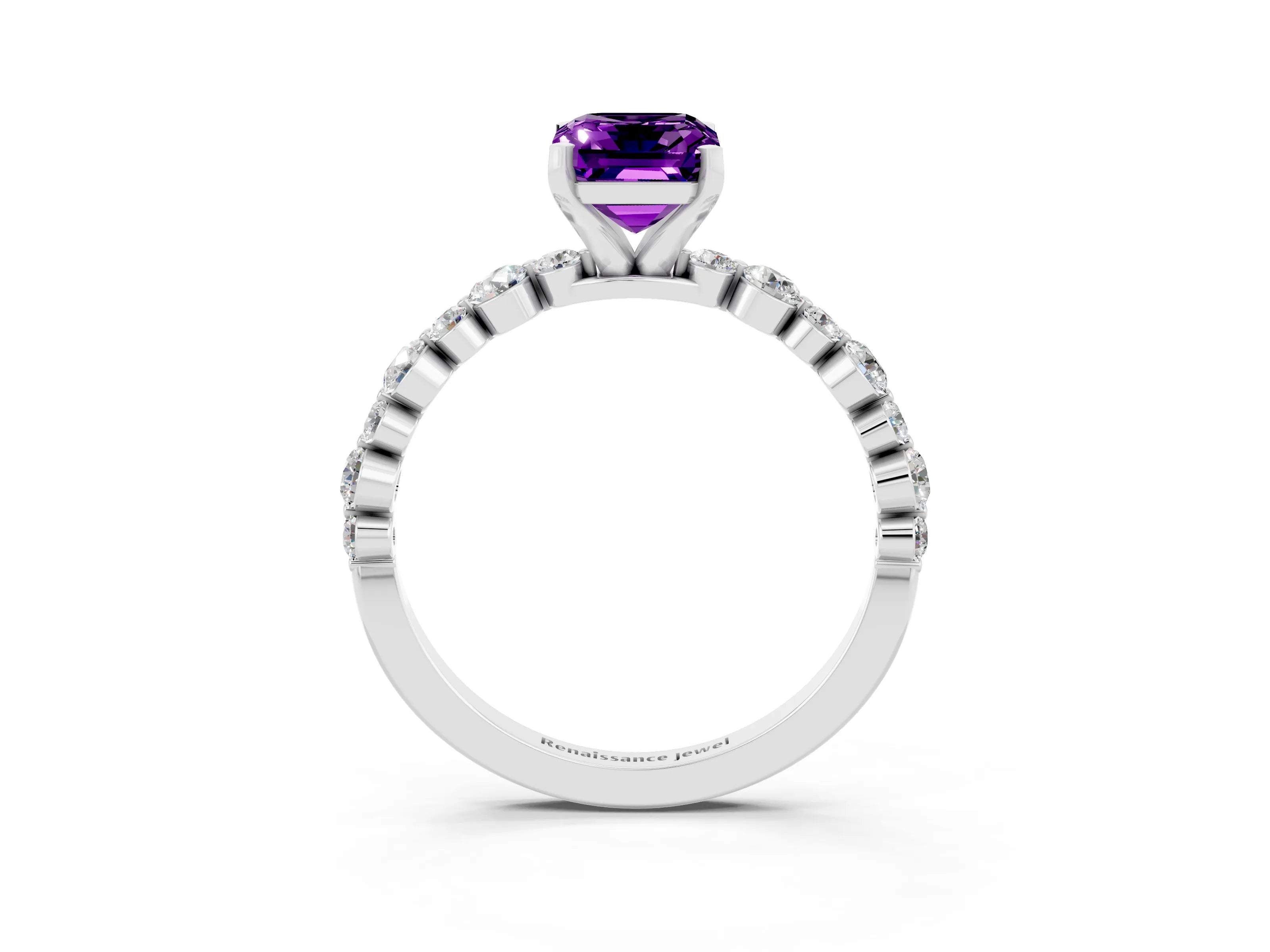 White gold Emerald Cut Amethyst Prong Set Engagement Ring with Pavé Band_3