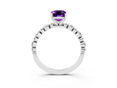 White gold Emerald Cut Amethyst Prong Set Engagement Ring with Pavé Band_3