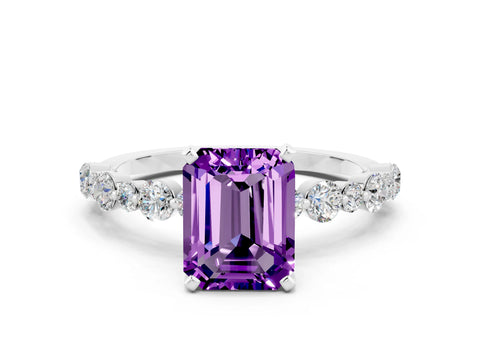 White gold Emerald Cut Amethyst Prong Set Engagement Ring with Pavé Band