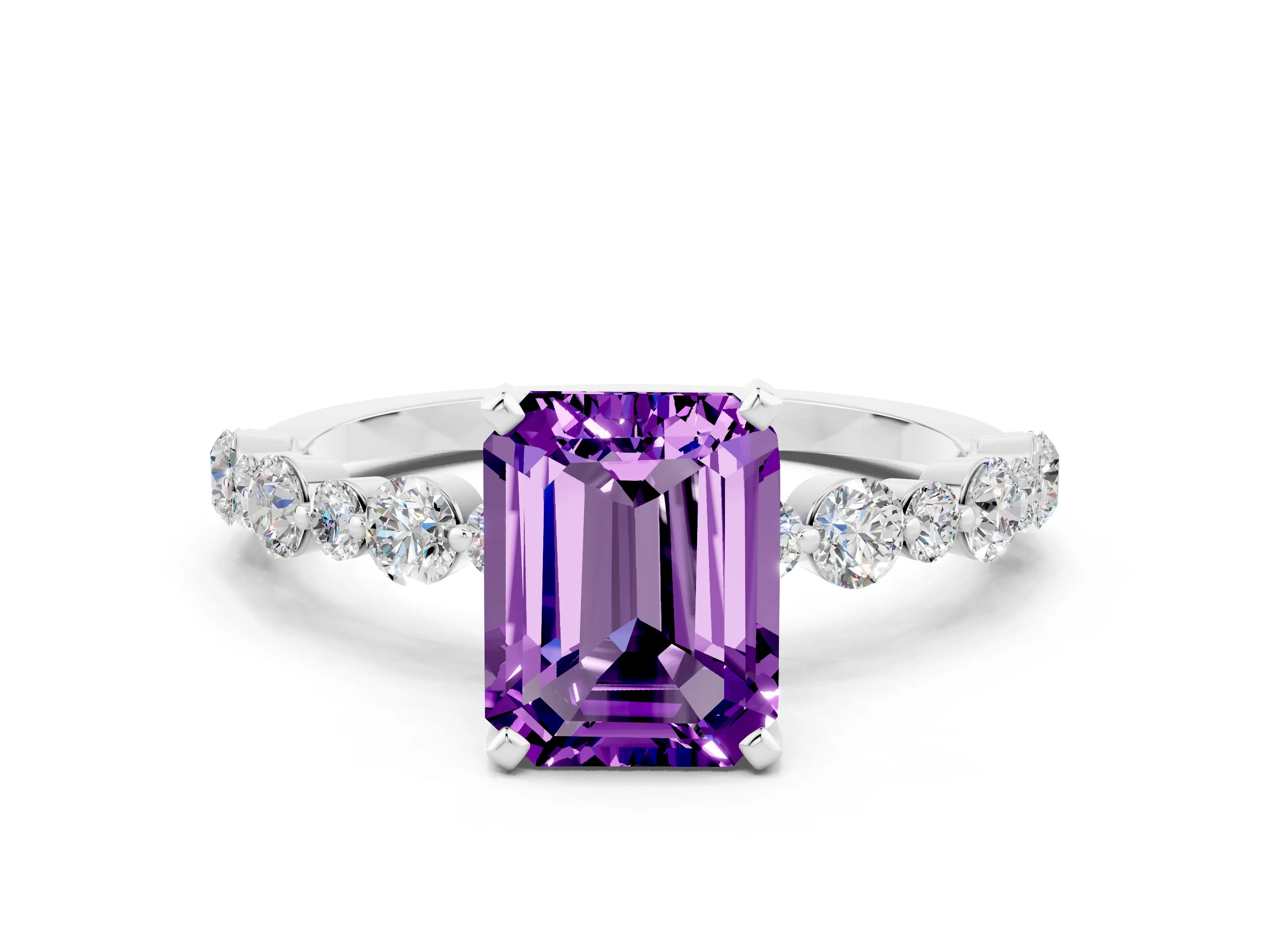 White gold Emerald Cut Amethyst Prong Set Engagement Ring with Pavé Band