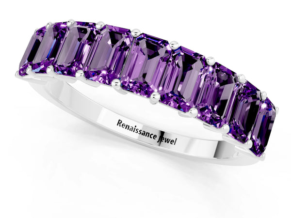 Silver Emerald Cut Amethyst Prong-Set Eternity Band