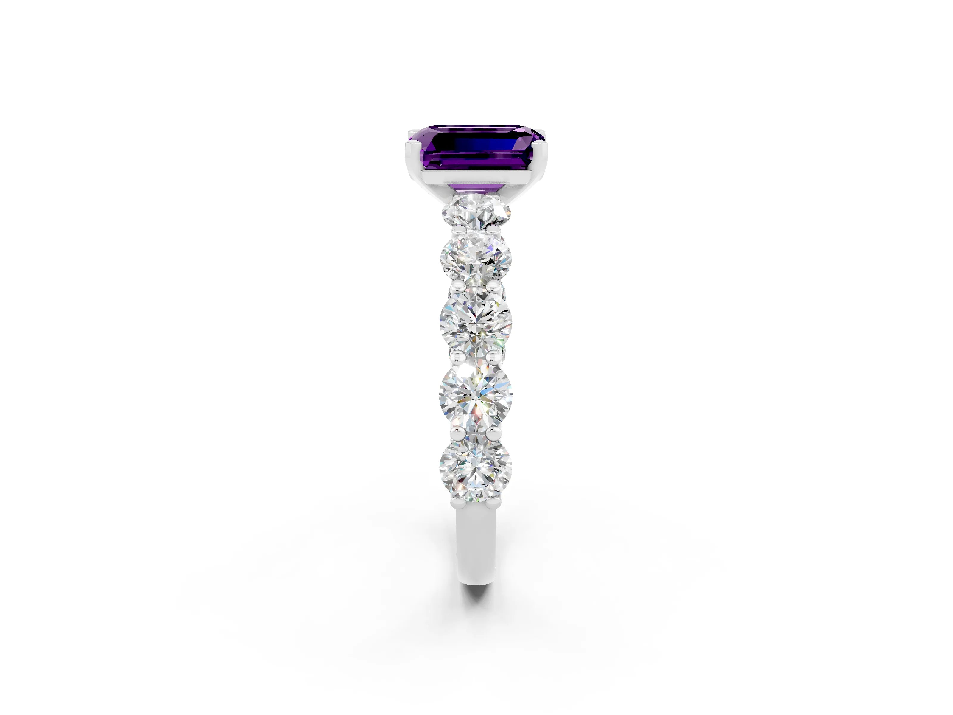 White gold Emerald Cut Amethyst Prong Setting with Side Stones on a Pave Band_2