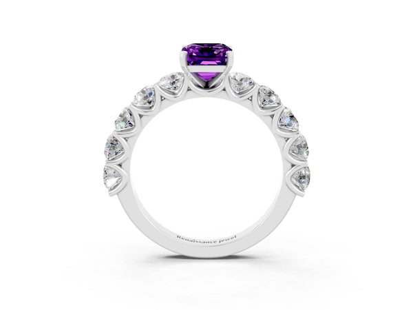 Platinum Emerald Cut Amethyst Prong Setting with Side Stones on a Pave Band