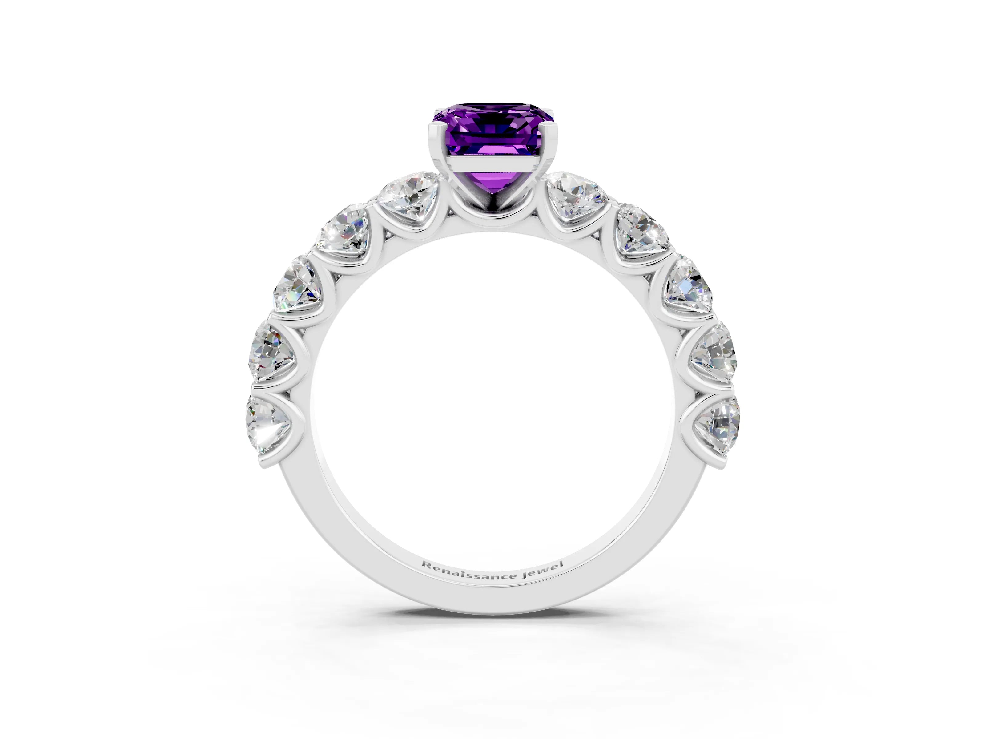 White gold Emerald Cut Amethyst Prong Setting with Side Stones on a Pave Band_3