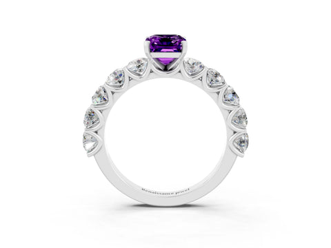 White gold Emerald Cut Amethyst Prong Setting with Side Stones on a Pave Band_3