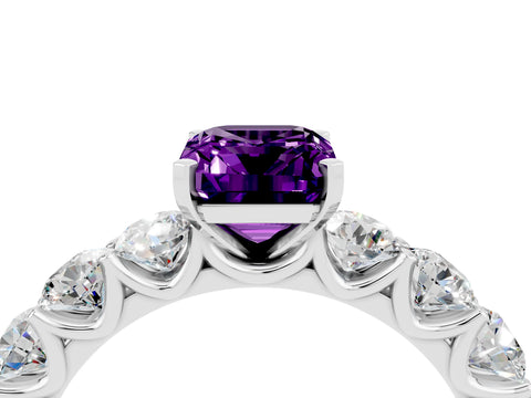 White gold Emerald Cut Amethyst Prong Setting with Side Stones on a Pave Band_4