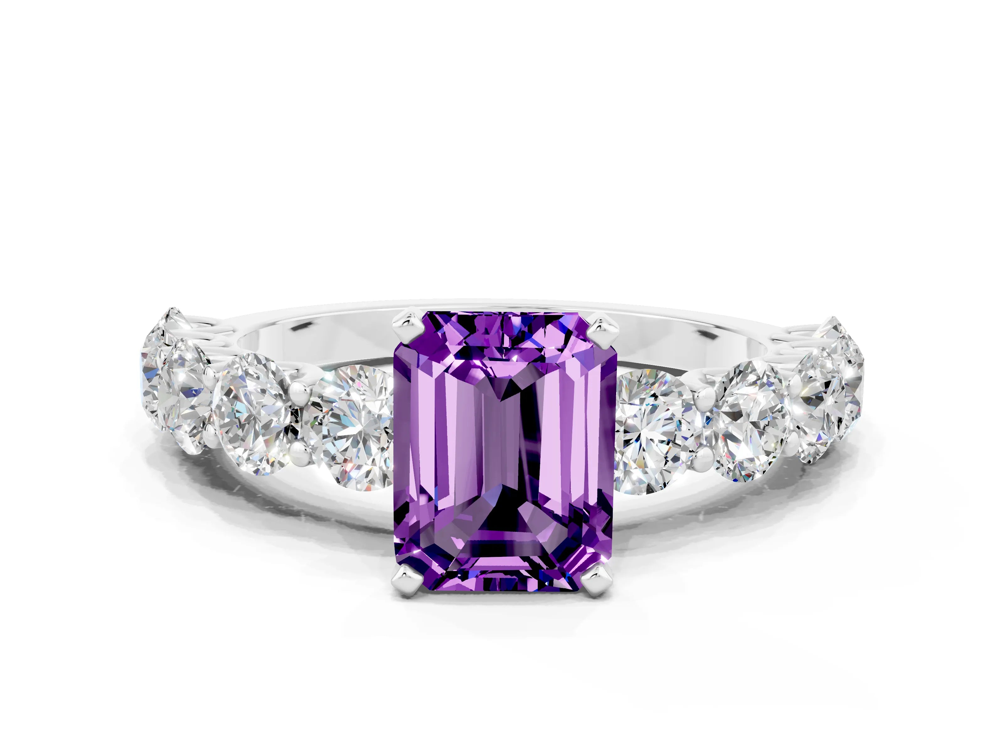 White gold Emerald Cut Amethyst Prong Setting with Side Stones on a Pave Band