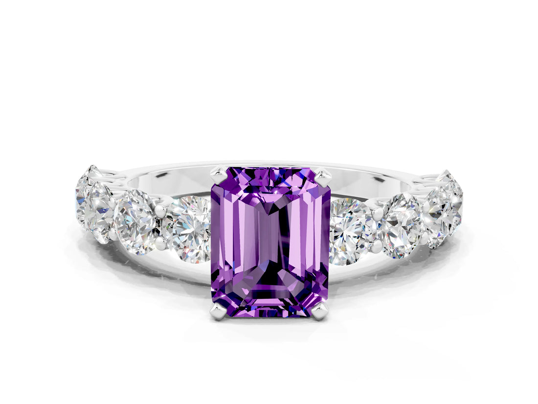 White gold Emerald Cut Amethyst Prong Setting with Side Stones on a Pave Band
