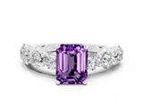 White gold Emerald Cut Amethyst Prong Setting with Side Stones on a Pave Band