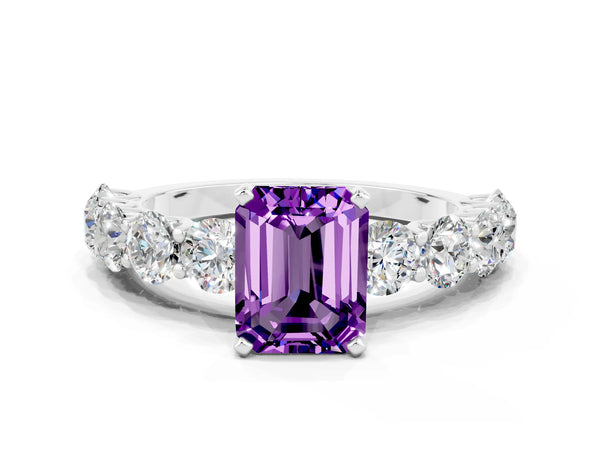 Silver Emerald Cut Amethyst Prong Setting with Side Stones on a Pave Band