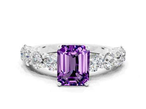White gold Emerald Cut Amethyst Prong Setting with Side Stones on a Pave Band