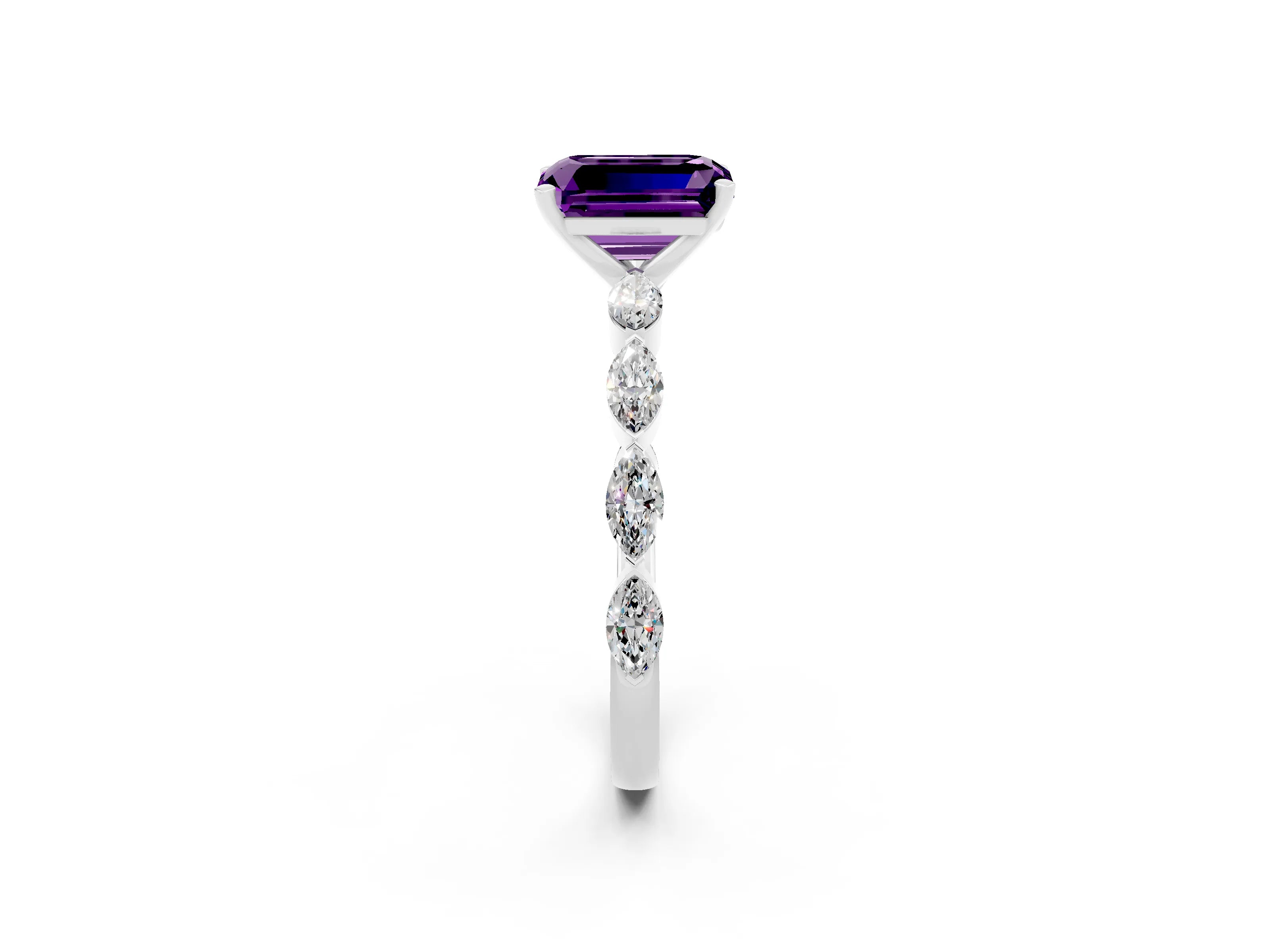 White gold Emerald Cut Amethyst Ring with Marquise Side Stones and Prong Setting_2