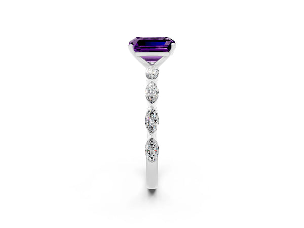 Silver Emerald Cut Amethyst Ring with Marquise Side Stones and Prong Setting