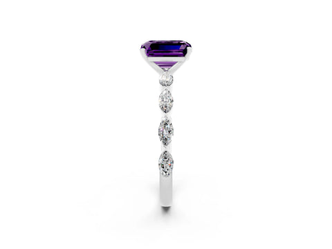 White gold Emerald Cut Amethyst Ring with Marquise Side Stones and Prong Setting_2