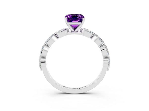 Platinum Emerald Cut Amethyst Ring with Marquise Side Stones and Prong Setting