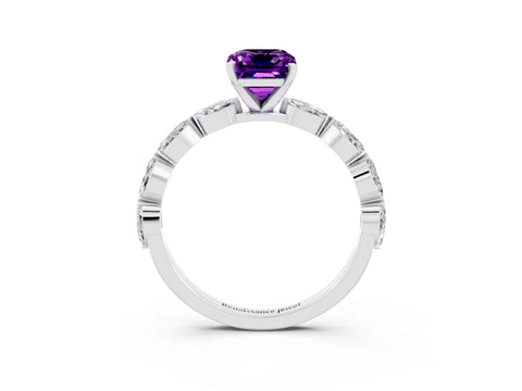 White gold Emerald Cut Amethyst Ring with Marquise Side Stones and Prong Setting_3
