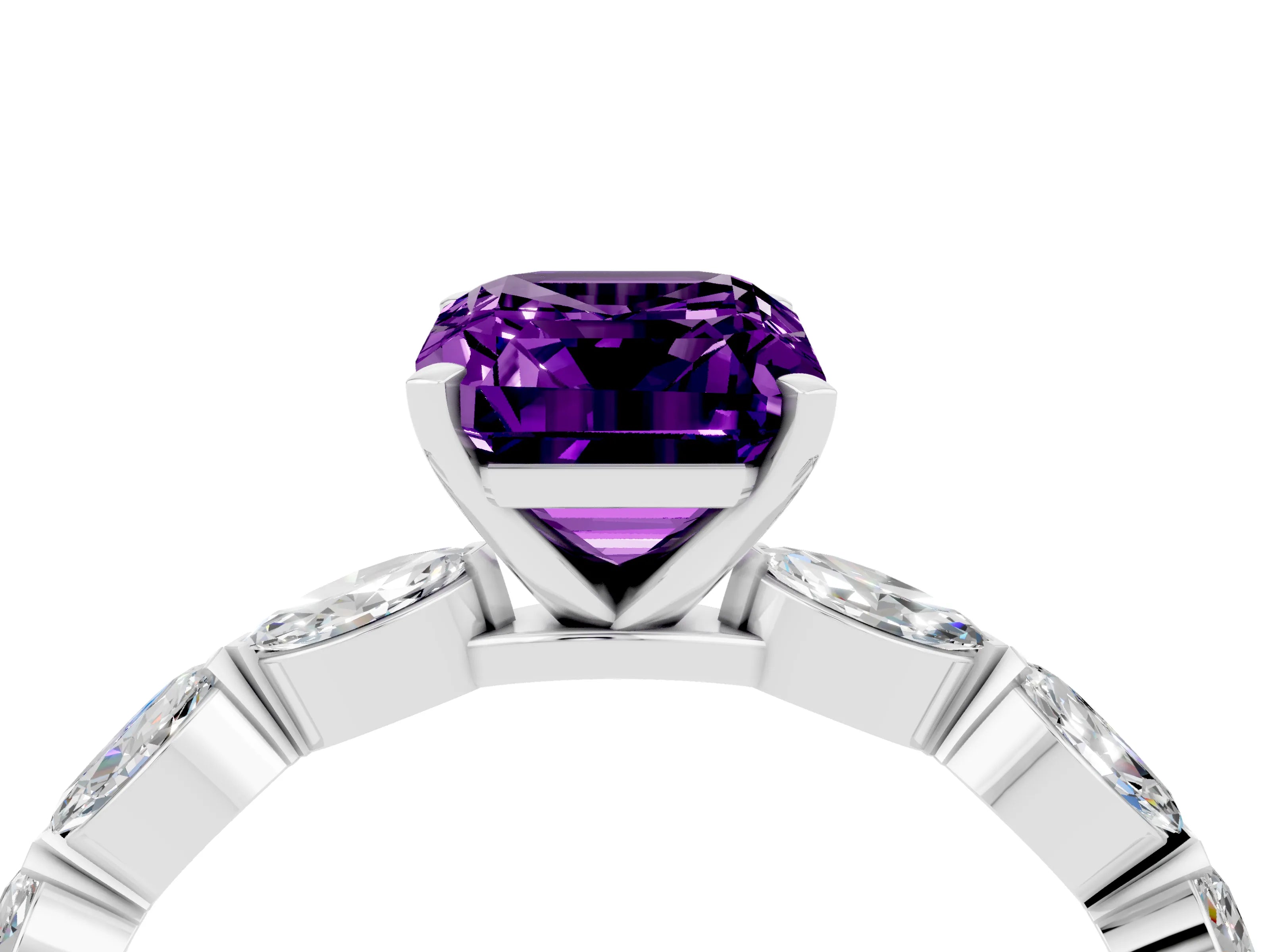 White gold Emerald Cut Amethyst Ring with Marquise Side Stones and Prong Setting_4