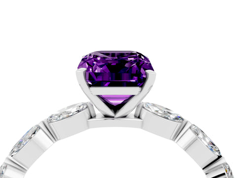 White gold Emerald Cut Amethyst Ring with Marquise Side Stones and Prong Setting_4