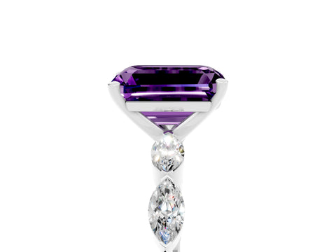 White gold Emerald Cut Amethyst Ring with Marquise Side Stones and Prong Setting_5