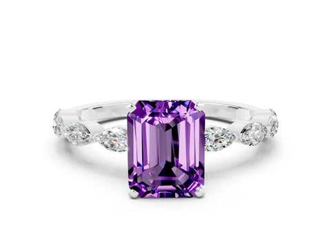 White gold Emerald Cut Amethyst Ring with Marquise Side Stones and Prong Setting