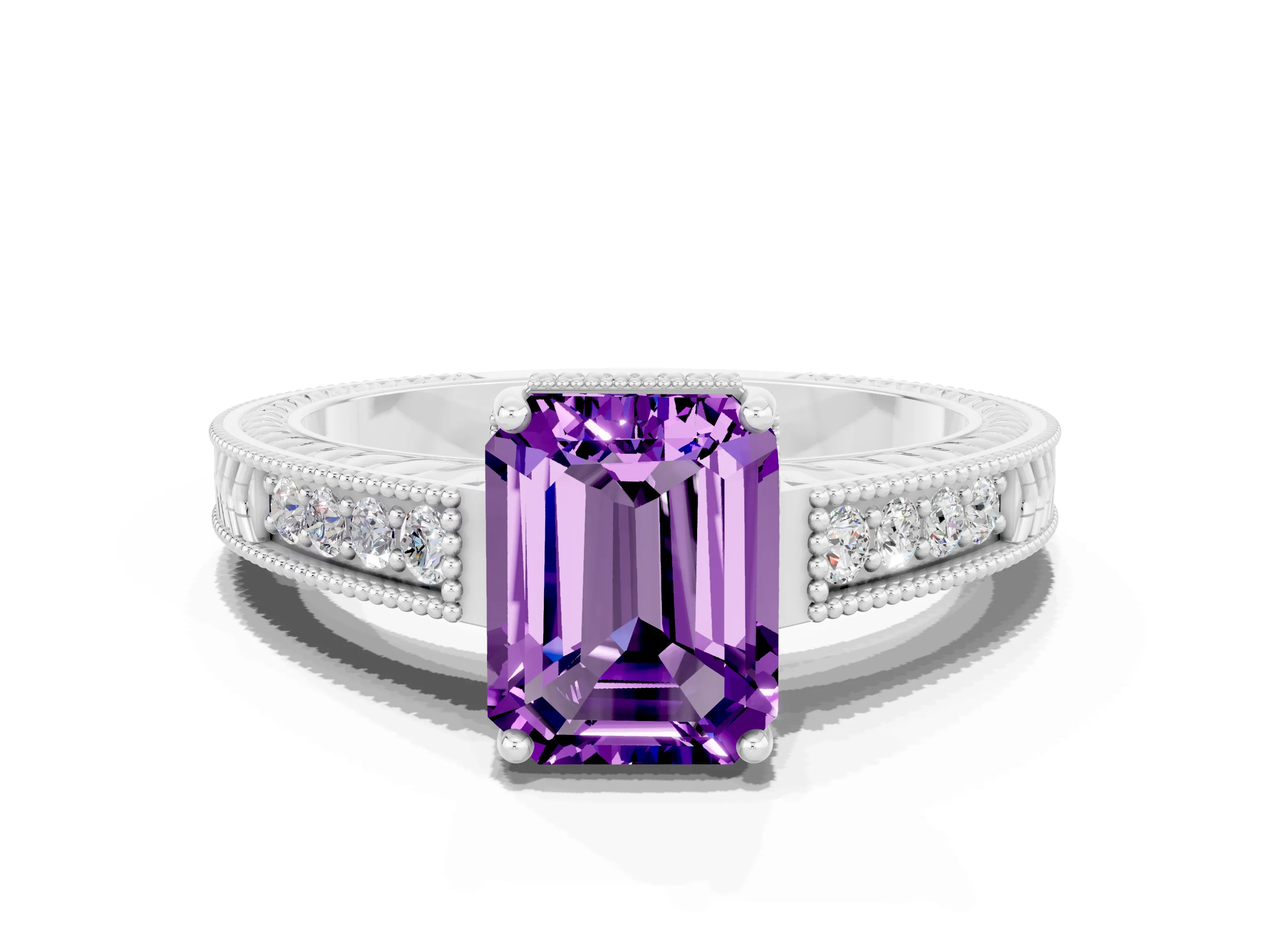 White gold Emerald Cut Amethyst Ring with Milgrain Pavé Band and Four-Prong Setting_12