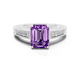 White gold Emerald Cut Amethyst Ring with Milgrain Pavé Band and Four-Prong Setting_12