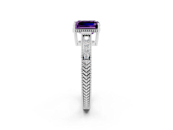 Silver Emerald Cut Amethyst Ring with Milgrain Pavé Band and Four-Prong Setting