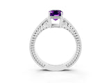 White gold Emerald Cut Amethyst Ring with Milgrain Pavé Band and Four-Prong Setting_15