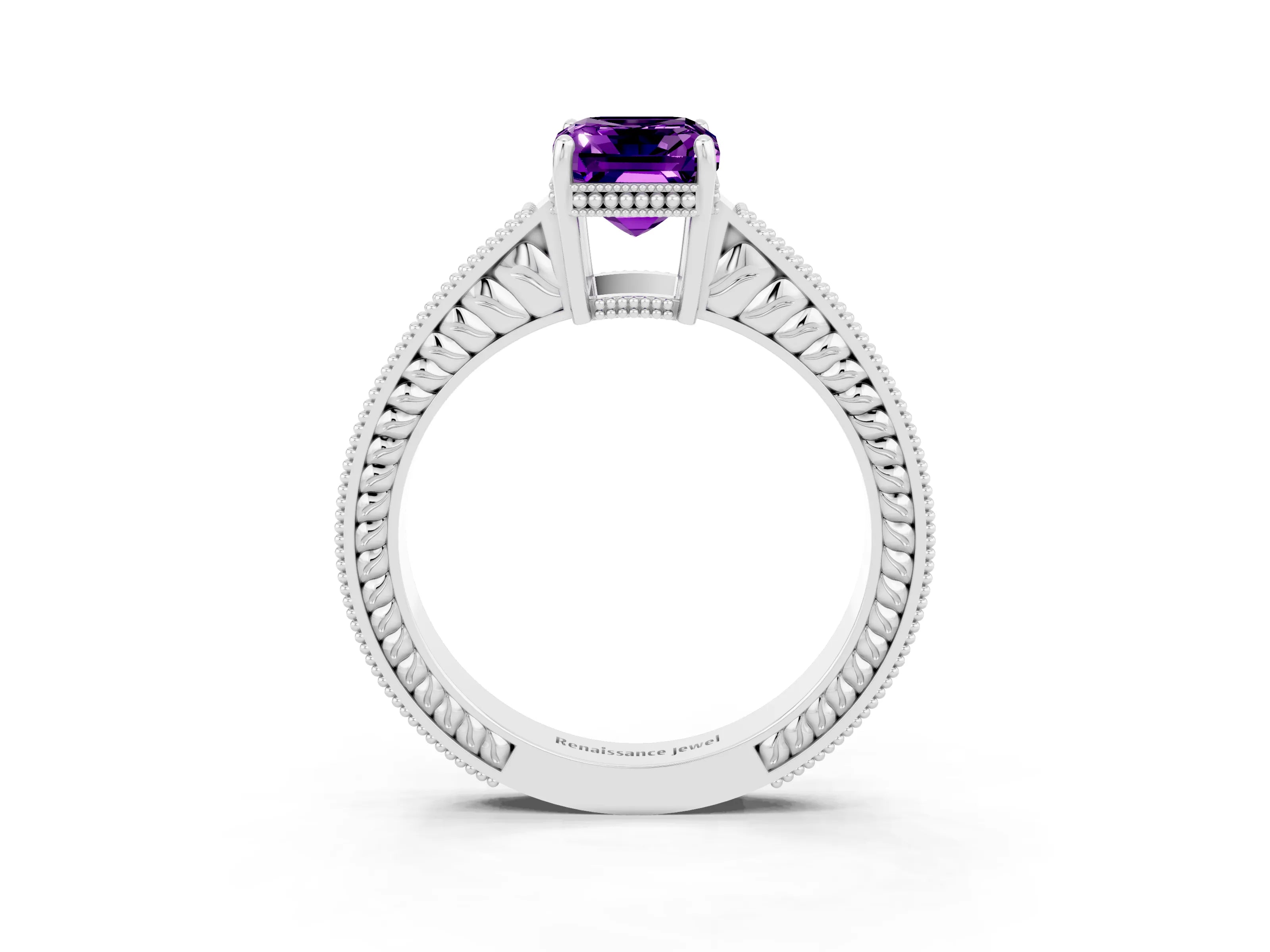 White gold Emerald Cut Amethyst Ring with Milgrain Pavé Band and Four-Prong Setting_15