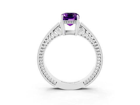 White gold Emerald Cut Amethyst Ring with Milgrain Pavé Band and Four-Prong Setting_15