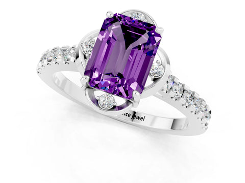 White gold Emerald Cut Amethyst Ring with Pavé Band and Floral Prong Setting_1