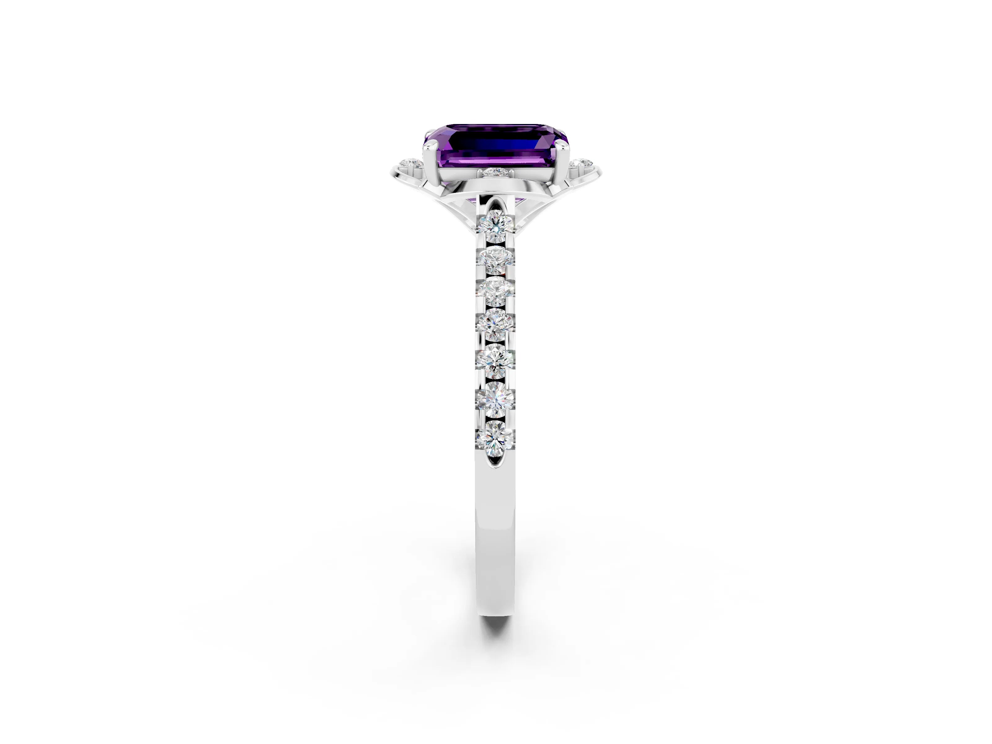 White gold Emerald Cut Amethyst Ring with Pavé Band and Floral Prong Setting_2