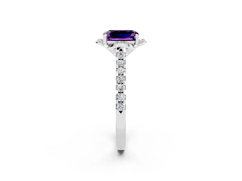 White gold Emerald Cut Amethyst Ring with Pavé Band and Floral Prong Setting_2