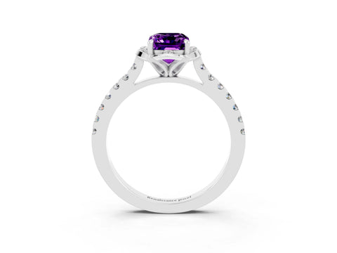White gold Emerald Cut Amethyst Ring with Pavé Band and Floral Prong Setting_3