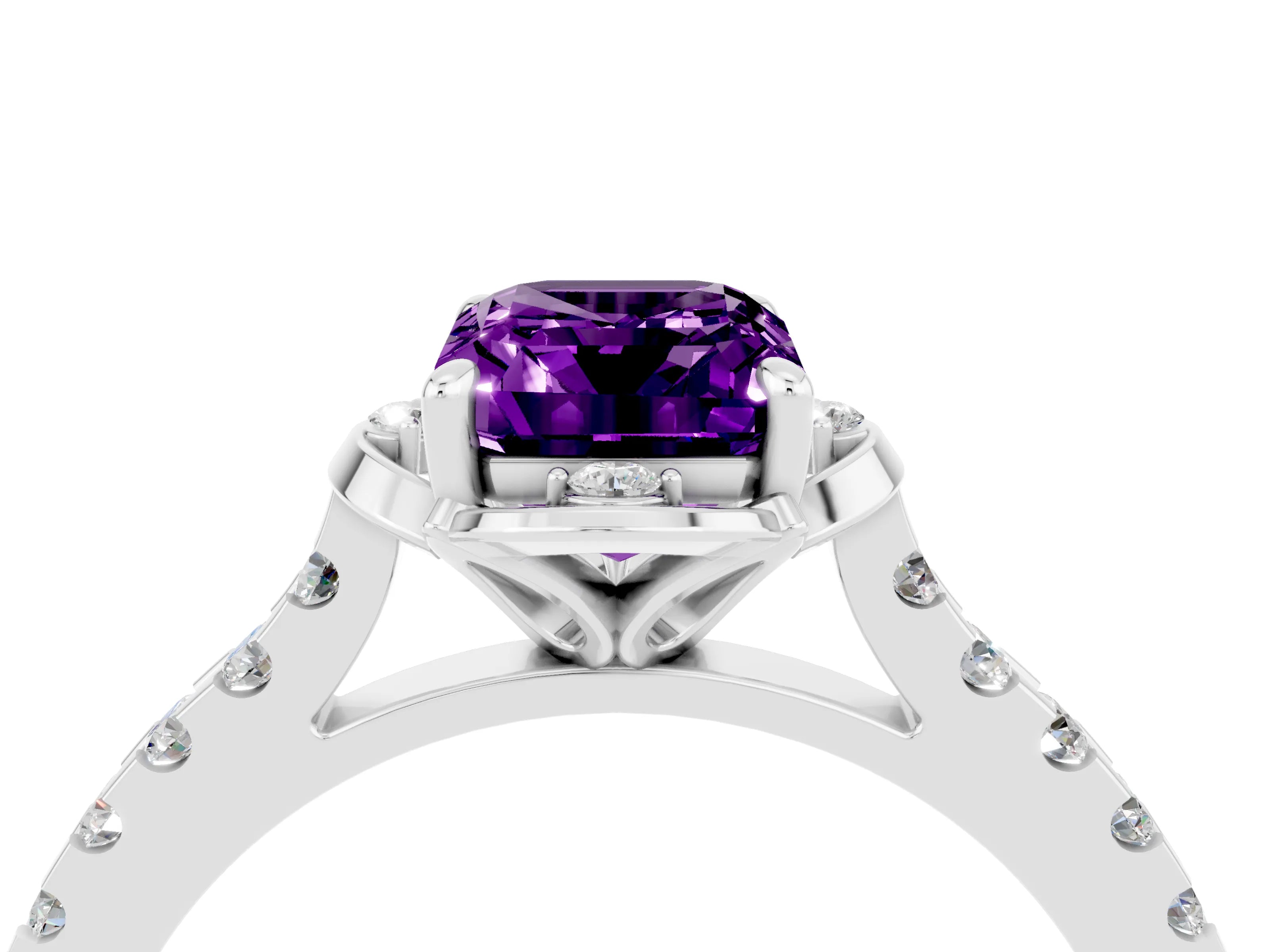 White gold Emerald Cut Amethyst Ring with Pavé Band and Floral Prong Setting_4