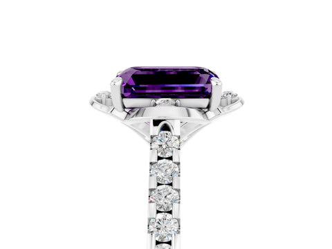 White gold Emerald Cut Amethyst Ring with Pavé Band and Floral Prong Setting_5