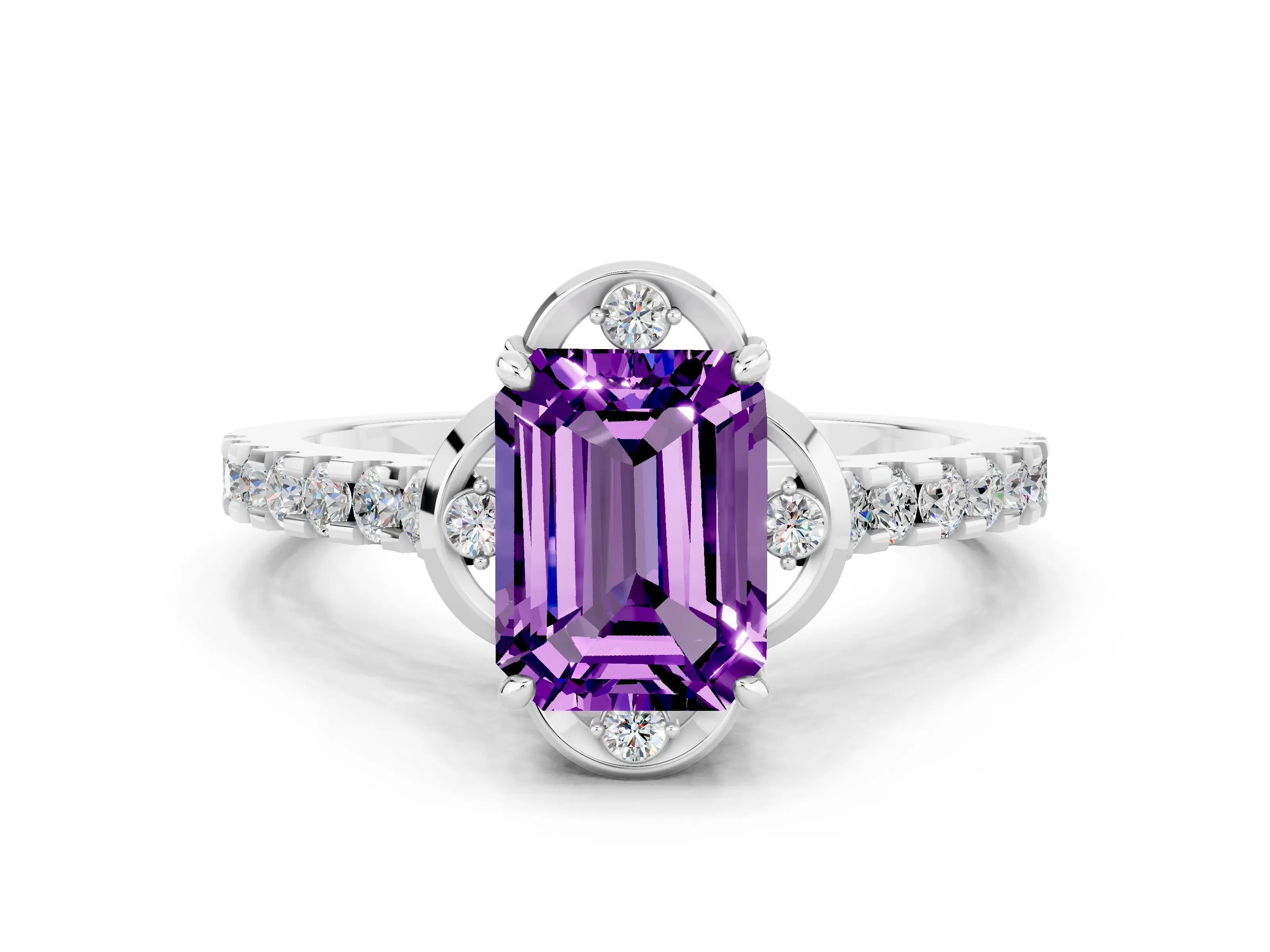 White gold Emerald Cut Amethyst Ring with Pavé Band and Floral Prong Setting