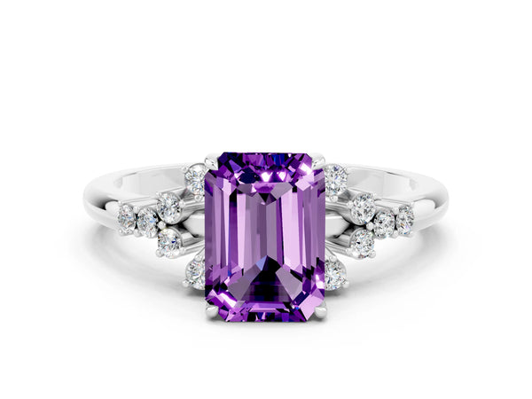 Platinum Emerald Cut Amethyst Ring with Side Stones and Four-Prong Setting
