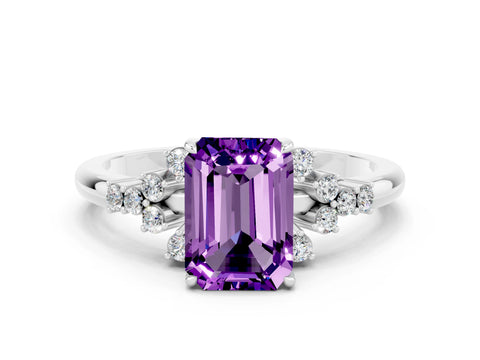 White gold Emerald Cut Amethyst Ring with Side Stones and Four-Prong Setting_36