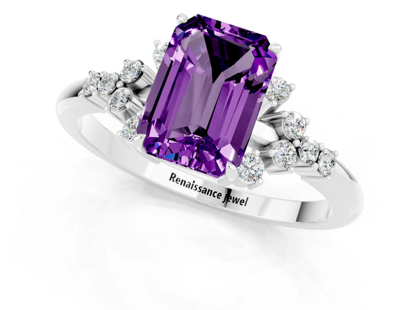 Platinum Emerald Cut Amethyst Ring with Side Stones and Four-Prong Setting