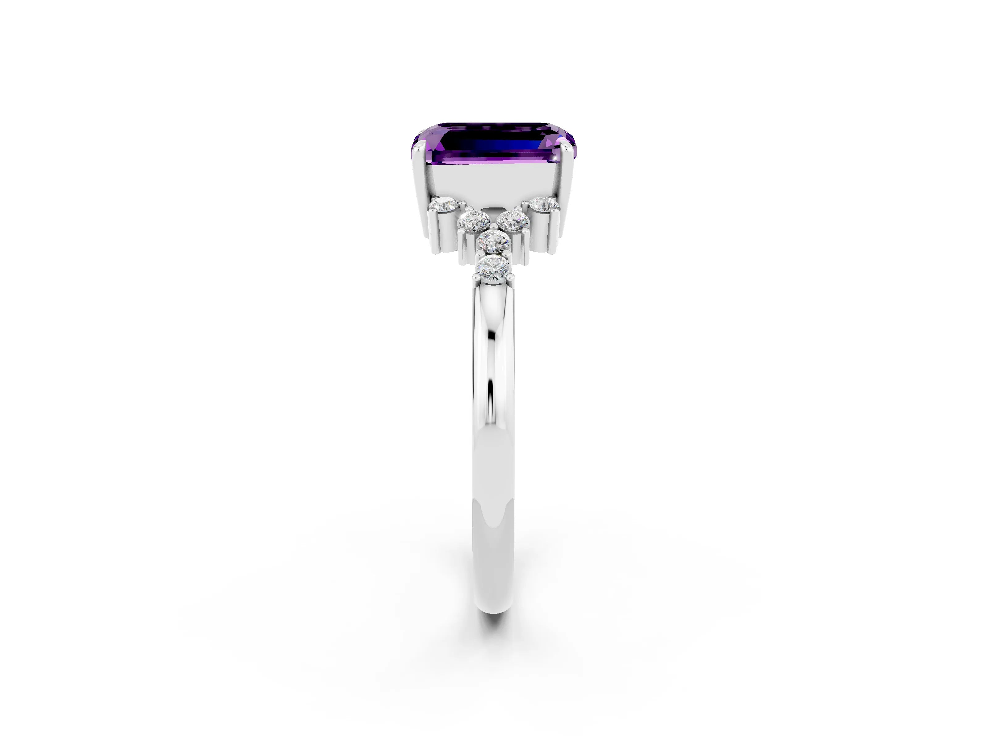 White gold Emerald Cut Amethyst Ring with Side Stones and Four-Prong Setting_38