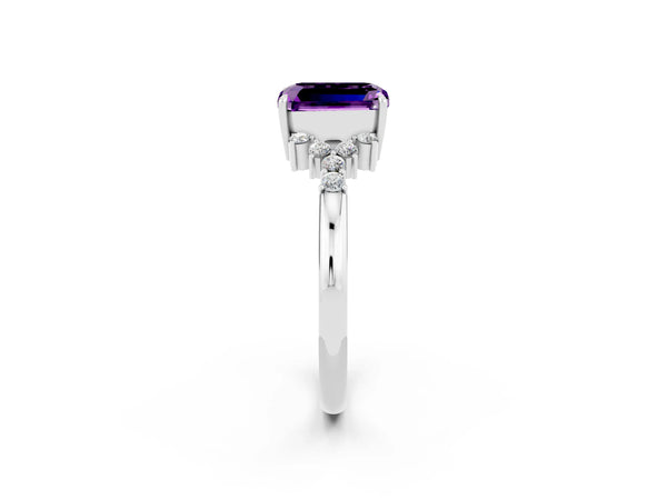 Silver Emerald Cut Amethyst Ring with Side Stones and Four-Prong Setting