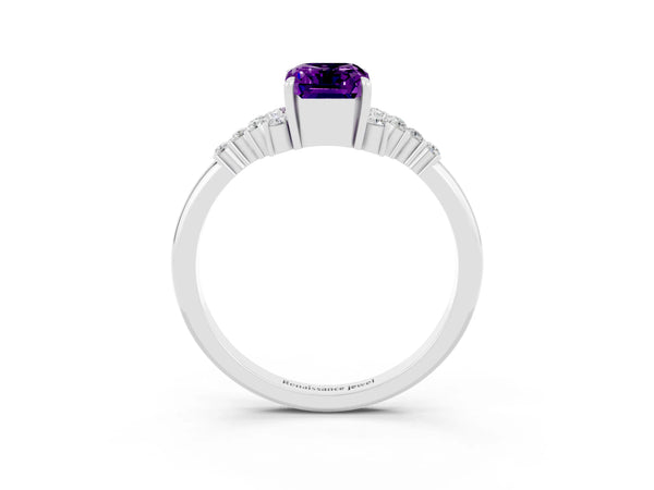 Silver Emerald Cut Amethyst Ring with Side Stones and Four-Prong Setting
