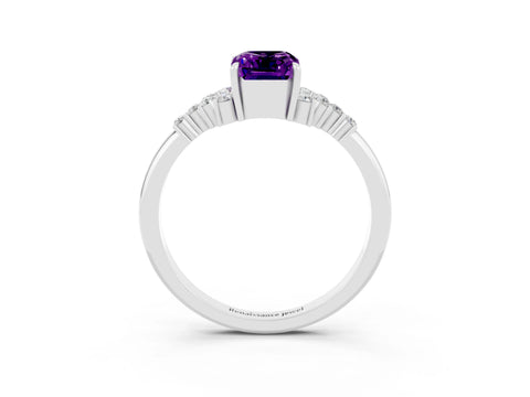 White gold Emerald Cut Amethyst Ring with Side Stones and Four-Prong Setting_39