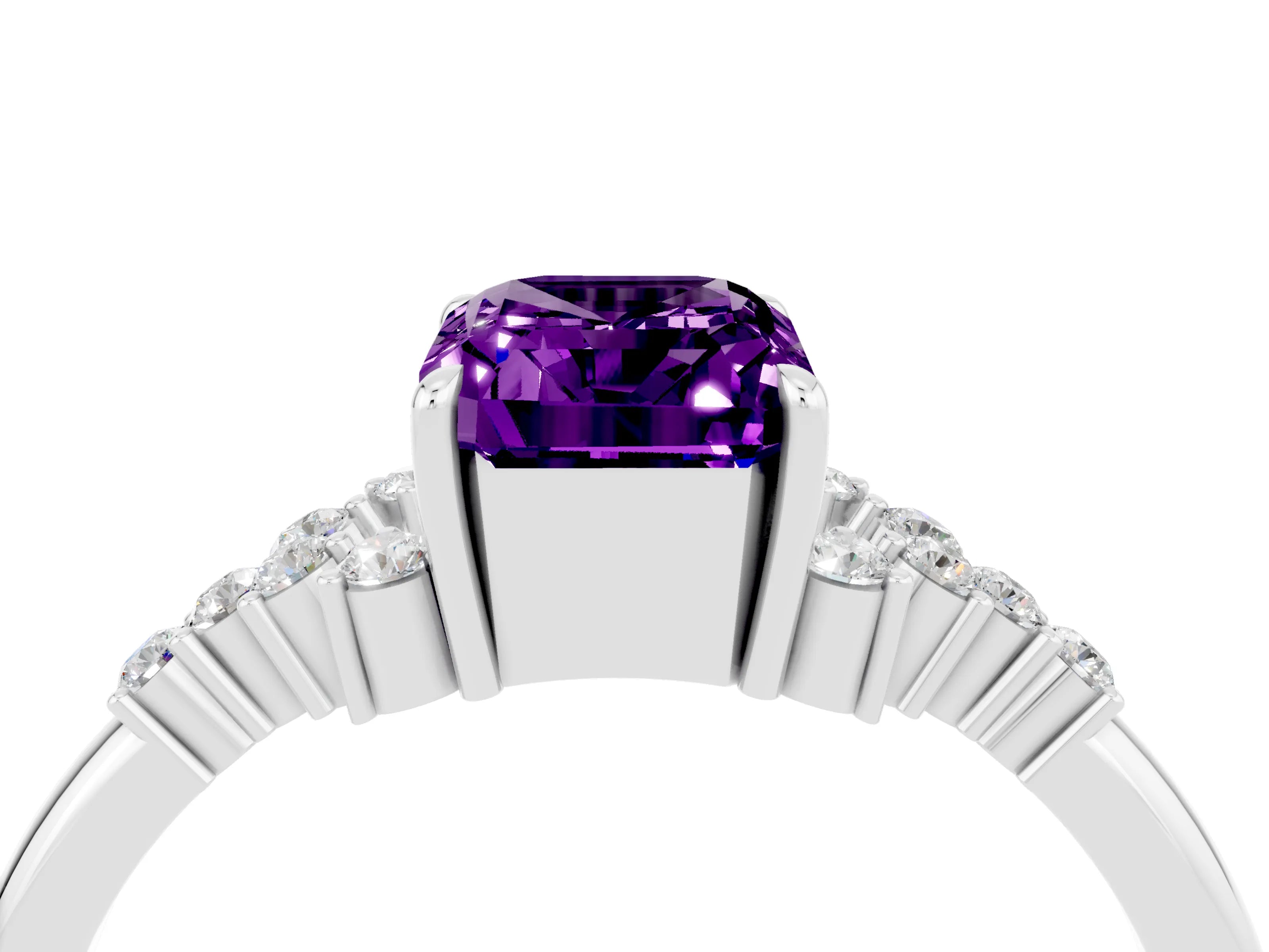 White gold Emerald Cut Amethyst Ring with Side Stones and Four-Prong Setting_40