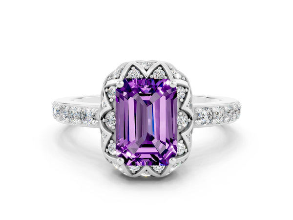 Platinum Emerald Cut Amethyst Scalloped Halo Engagement Ring with Round Shared Prong Band