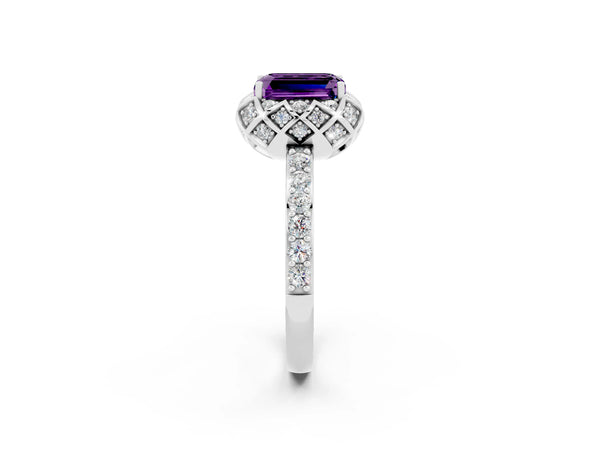 Platinum Emerald Cut Amethyst Scalloped Halo Engagement Ring with Round Shared Prong Band